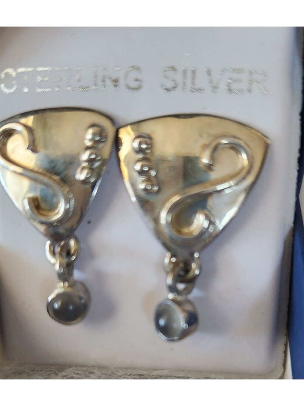 Earrings MoonStone Post Silver Triangle Drop 4.3 gr  Jerry & Fran Harr Handmade